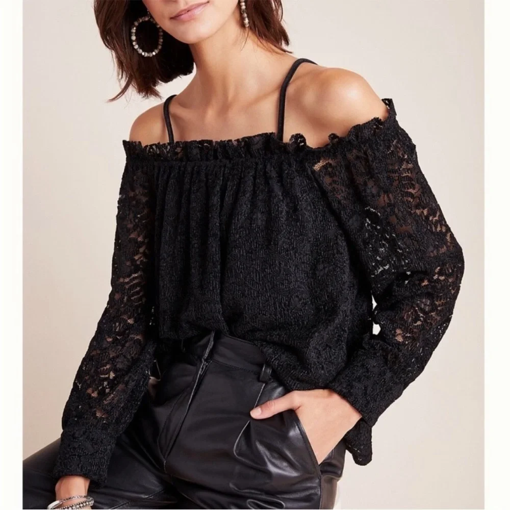Anthropologie Eri Ali Ramona Lace Off the Shoulder Top Black Long Sleeve M NEW